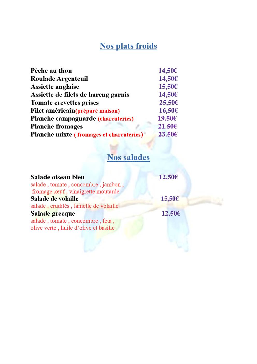 L'Oiseau Bleu Brasserie-Restaurant menu 2
